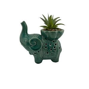 Green Ceramic Elephant with Artificial Succulent on It's Back Trunk Raised